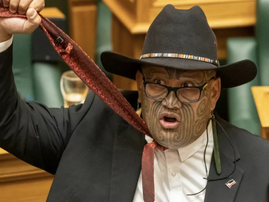 Maori Party co-leader Rawiri Waititi holding his tie aloft to symbolise a noose during his maiden speech in Parliament. Photo / Mark Mitchell