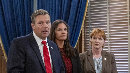 Kansas Attorney General Kris Kobach announces he is suing Pfizer during a June 17, 2024, news conference at the Statehouse in Topeka. (Sherman Smith/Kansas Reflector)