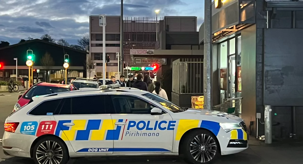 Police car outside Westfield Mall in Riccarton following the attack