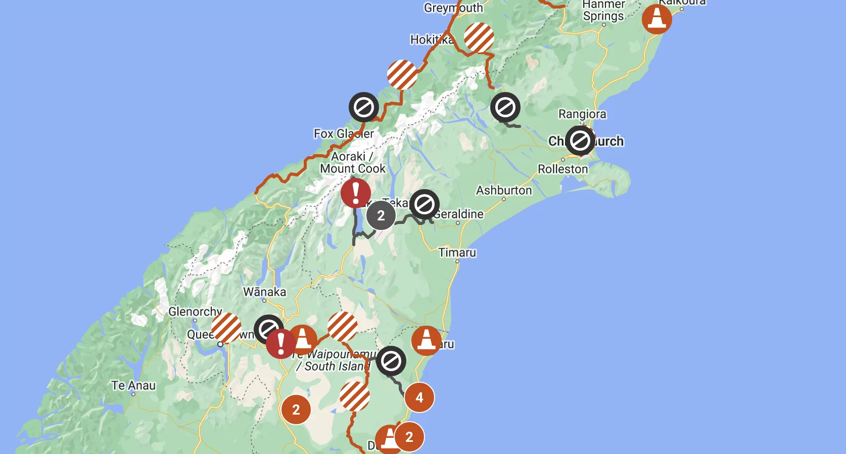 A number of South Island Roads closes due to snow and ice