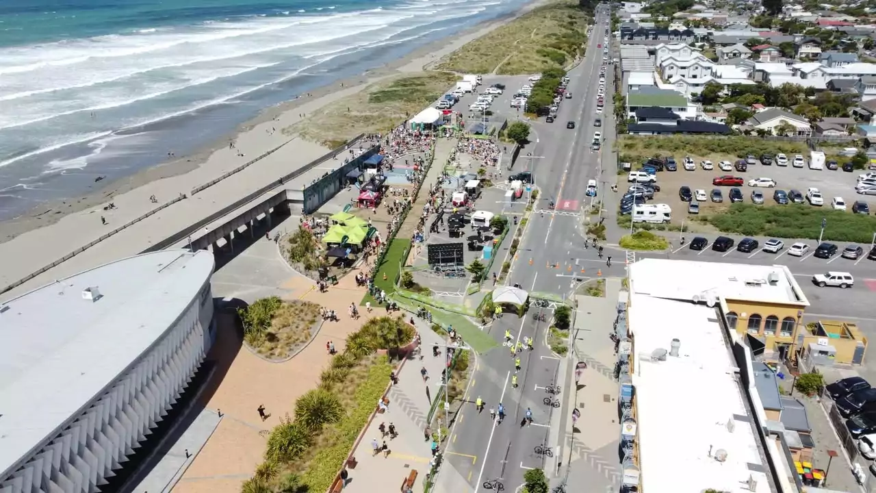 Crowds gather at New Brighton to witness Coast to Coast finish