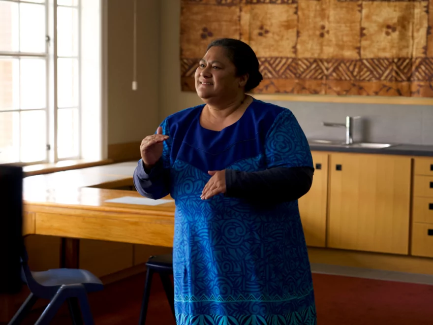 Image from Tinā | 2025. Actor Anapela Polataivao as substitute teacher Mareta Percival.